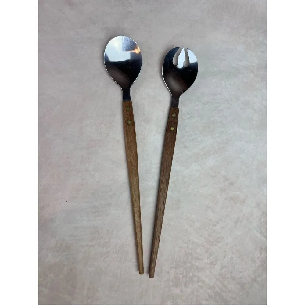 Vintage 1970s Stainless Steel Salad Fork Spoon Wood Handle Mid Century Modern Ja